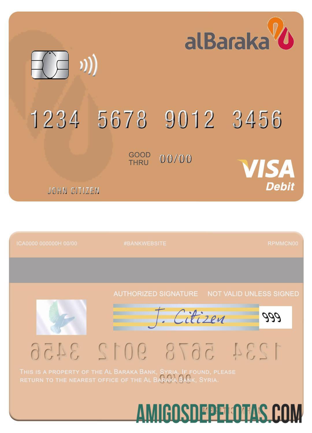 Cartão de débito Visa do Banco Al Baraka da Síria amostra